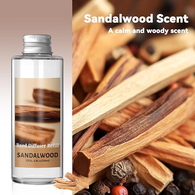 SCENTORINI Reed Diffuser Oil Refill, Sandalwood Diffuser Oil 6.76 Fl Oz, Natural Scented Essential Oil Refill Long Lasting Home Fragrance for Room Spa Aromatherapy Bathroom Home Decor