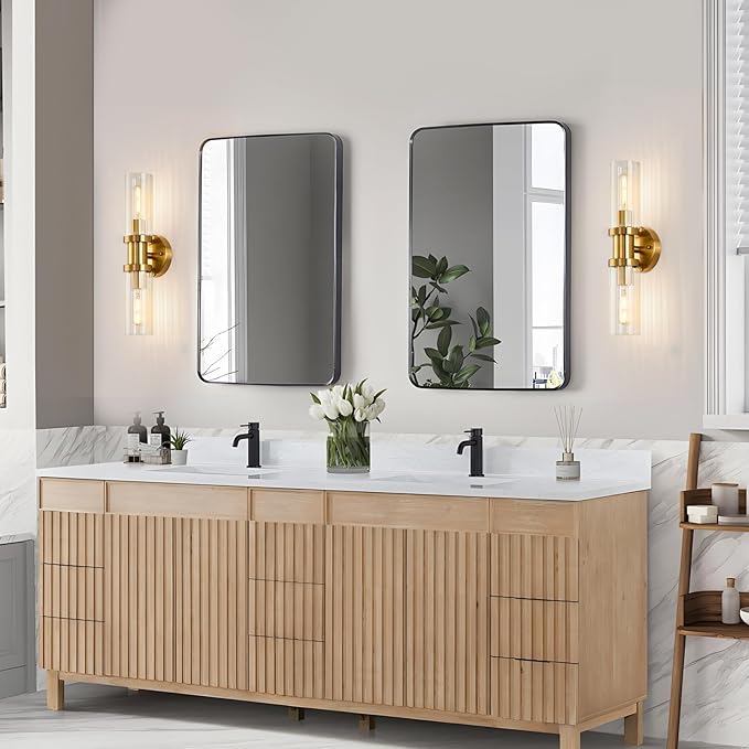 Gold Wall Sconces Set of Two, 18.2 inch Brushed Gold Vanity Light with Stripped Glass Shade, Indoor Wall Lights for Mirror, Bathroom, Kitchen, Living Room（2 Pack）