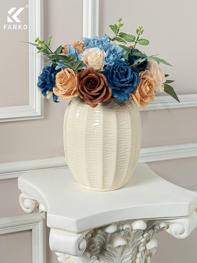 FANKO Artificial Flower Fake Rose Combo, 5 Mixed Silk Flowers Bouquet Dark & Light Brown Cream Roses, Blue Dahlia for DIY Wedding Bridal Bouquets/Centerpieces/Home Decorations