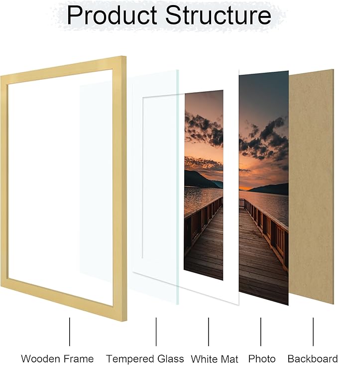 20x28 Poster Frame Set of 2, 20 x 28 Wood Picture Frames with Mat for 16x24, Wooden Photo Frame with Tempered Glass Cover for Wall Mounting Display, Gold