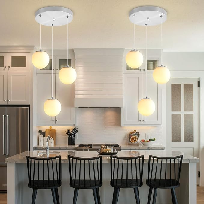 3-Light Globe Pendant Light for Kitchen Island Silver Pendant Light Fixtures with White Glass Globe Hanging Lights for Bedroom,Hallway,Bar