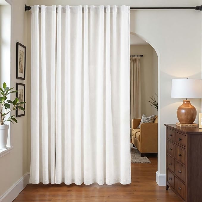 jinchan White Lined Linen Blend Curtain for Sliding Door 84 Inch Length 1 Panel for Living Room, 100 Inch Extra Wide Drape with Rod Pocket Back Tab(100W x 84L, White)