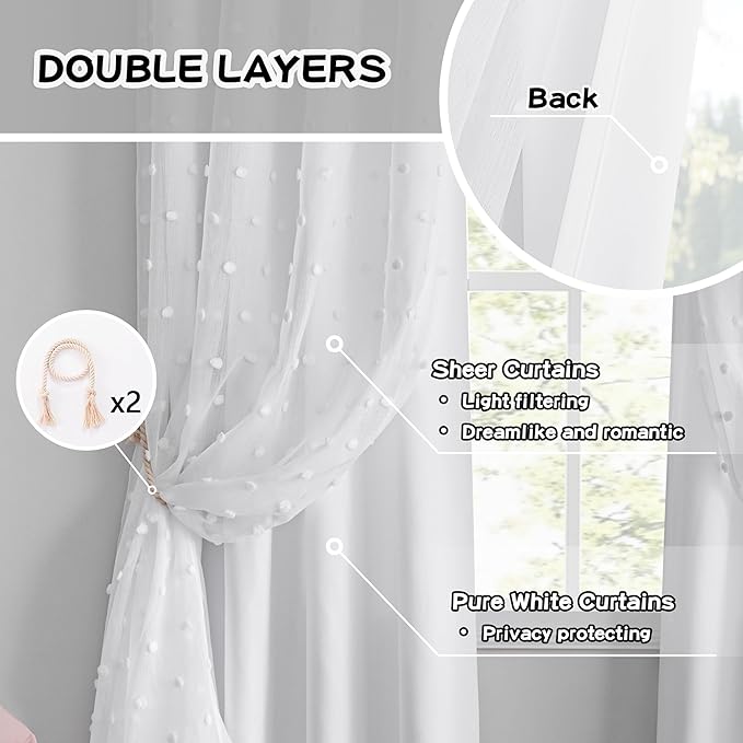 MYSKY HOME White Pom Pom Sheer and Curtains for Living Room 84 Inches Long Nursery Curtains Girls Kids Bedroom Light Filtering Double Layer Window Drapes Grommet,White, 52 x 84 Inch, 2 Pieces
