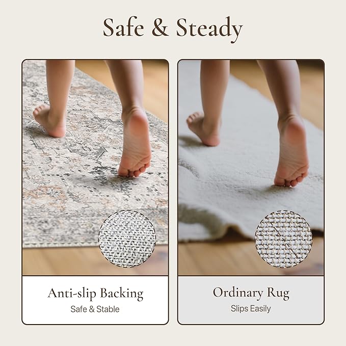 GENIMO Runner Rug 2'6''x12, Non Slip Vintage Hallway Runner Rugs, Low Pile Lightweight Machine Washable Mat for Hallway, Entryway, Bedroom, Kitchen and Corridor, Light Taupe Brown