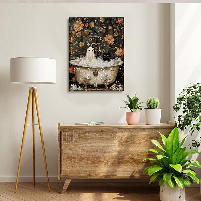 Ghost and Cat in Bathtub Poster,Cute Gothic Home Decor,Cat Ghost Poster,Spooky Bubblebath Halloween Art, Black Cat Print, Whimsigoth Halloween Bathroom Decor24x36inch Unframed