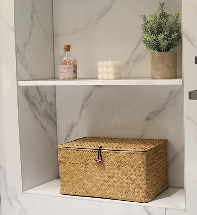 DOKOT Rectangular Handwoven Seagrass Storage Basket with Lid for Shelves and Home Organizer Bin, (M (12"x7"x6"H), Brown)