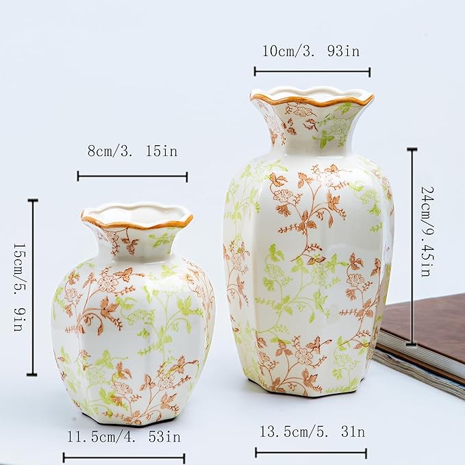 Handmade Chinoiserie Ceramic Vase, Vintage Style Florals in Green Brown & Red with Wavy Orange Rim, Colorful Mantel Accent, Gift Idea (Small, Lvmazhi)