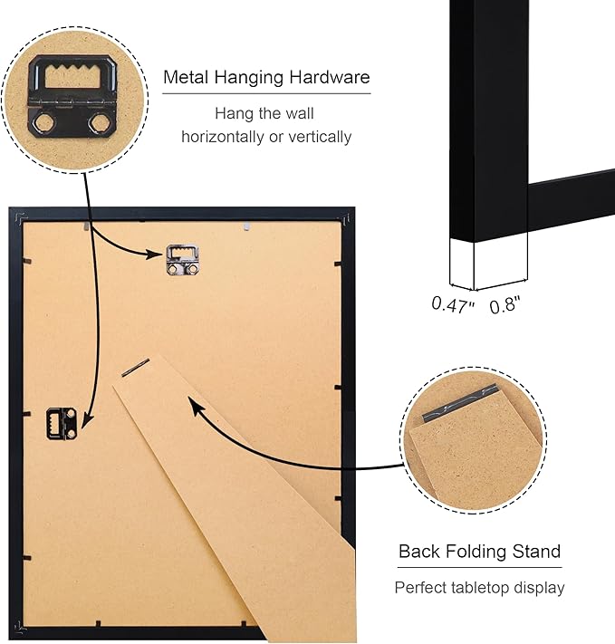11x14 Picture Frame Set of 2, 11 x 14 Wood Photo Frames with Mat for 8x10, Wooden Frame with Real Glass Cover for Wall and Tabletop Display,Black