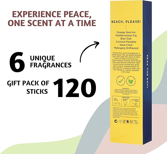Folkulture Incense Sticks | Set of 6 Insenses (120 Sticks) with 45 Mins Burn Time | Orange Zest, Blue Oud, Aqua Crest, Coconut Paradise | Organic Mediterranean Fig Inscents, Non-Toxic Inscents-Sticks