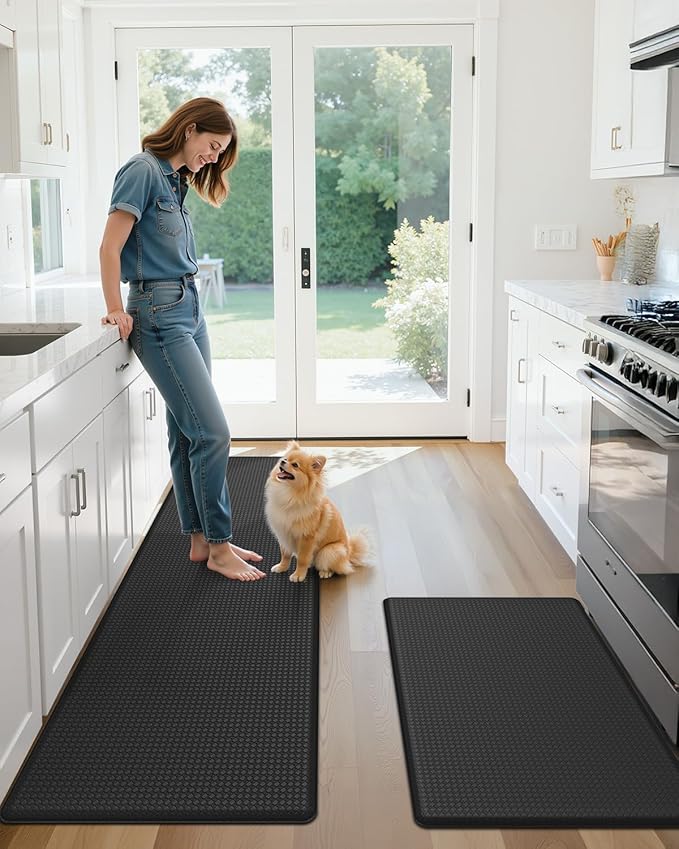 Color&Geometry Anti Fatigue Cushion Padded Kitchen Mat for Floor - 17x59+17x59,Easy Clean, Waterproof & Oil Proof, Anti Slip, Foam Rubber Runner Rug for Front Sink Comfort Standing, Black Set of 2