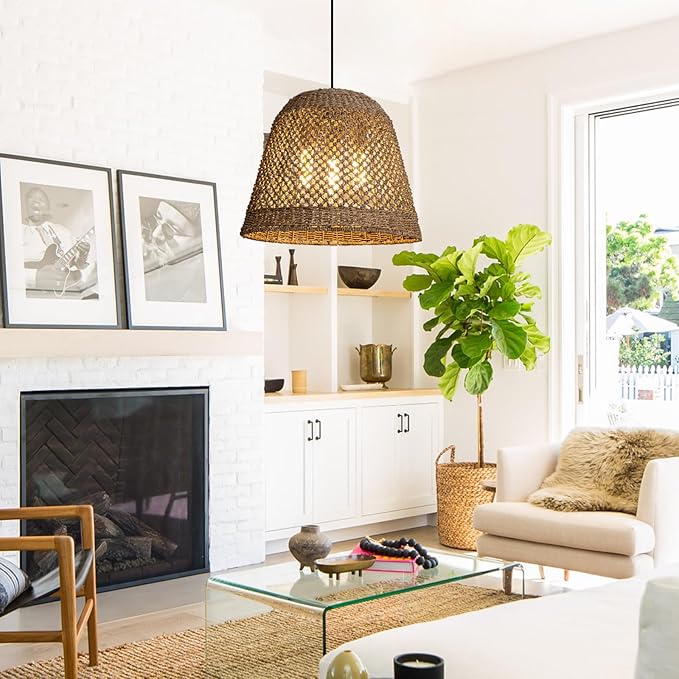 18.5" Rattan Pendant Light,3-Light Large Wicker Hanging Light Hand Woven Water Plants Rattan Chandelier Boho Seagrass Pendant Light Fixtures for Dining Living Bedroom Kitchen Restaurant