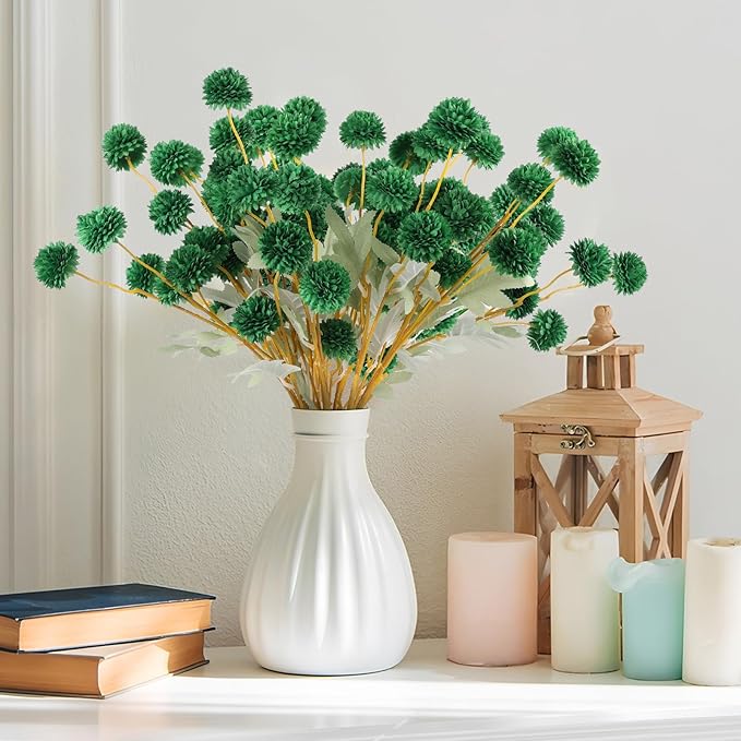 Hananona 12 Pcs Artificial Chrysanthemum Flowers, Green Kiku Pom Pom Mums Flower Faux Floral Arrangements Centerpiece for St Patrict Day Home Kitchen Decor (12, Blackish Green)