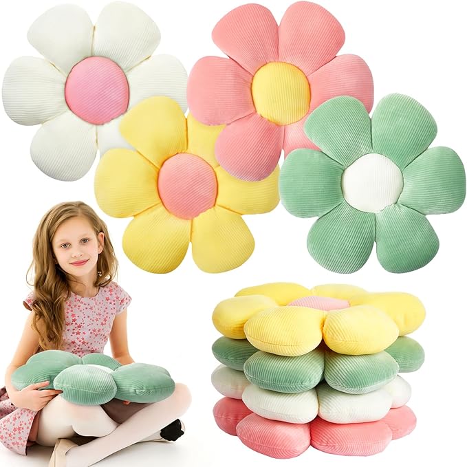 Reginary 4 Pcs Flower Floor Pillows Cute Plush Flower Throw Pillows Daisy Floor Seat Cushion Chair Pads for Christmas First Day of School for Sofa Couch Bed Decor(15 Inch,Light Color)