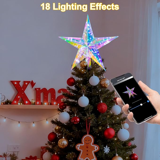 Smart Christmas Tree Topper Star App Control, 11.8" PET Christmas Tree Topper Lighted 20 LEDs RGB Color Changing Lighted Treetop Decorate for Xmas Decorations Ornaments Holiday Party Indoor Decor