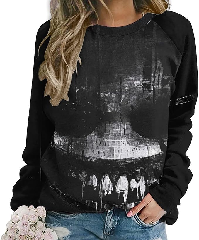 Halloween Sweatshirts for Women Funny and Spooky Print Crewneck Oversized Pullover Outdoor Lounge Fashion Sweater