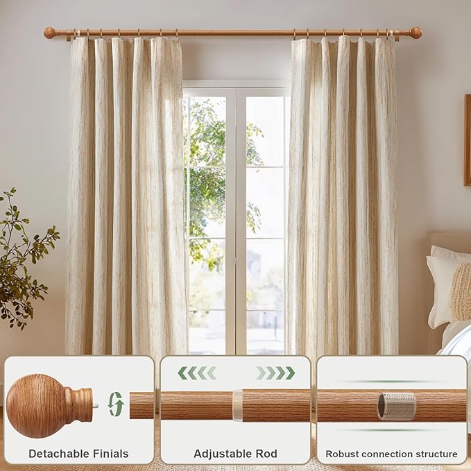 Boho Wood Curtain Rods for Windows 28 to 48 inch 1" Diameter Adjustable Heavy Duty Window Curtain Rod with Decorative Wooden Grain Finials Drapery Rods for Living Room Bedroom Kitchen Cafe Farmhouse
