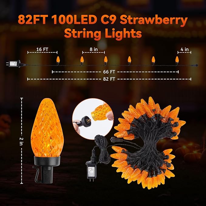 Halloween C9 LED String Lights, 82ft 100 LED Waterproof Strawberry String Light, Plug in Extendable Black Wire Halloween Lights String for Outside Decoration, Orange