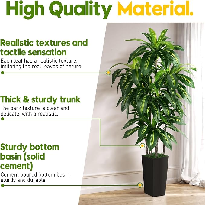 Artificial Dracaena Tree Indoor, 5FT Tall Fake Tree with Black Tall Planter, Artificial Trees Fake Yucca Potted Tree for Home Office Living Room Decor, Tall Artificial Plant for Housewarming