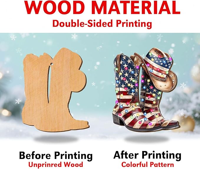 Cowboy Boot Christmas Tree Keepsake Ornaments, American Flag Themed 2 Side Printed Flat Wooden Ornament, Xmas Hanging Decor