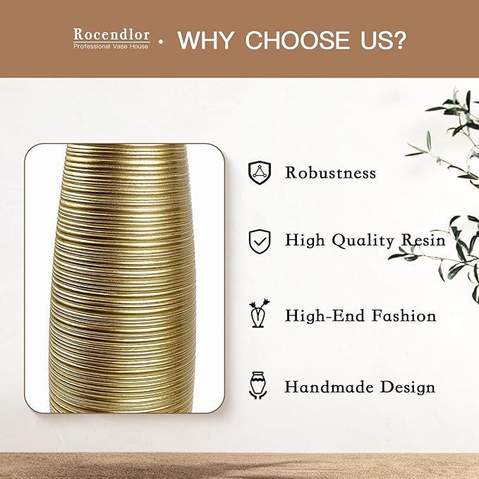 Tall Floor Vase, Large Vases for Rustic Home Decor Modern Farmhouse, Sturdy, Luxury, Textured, Vessel for Decorative Branches Dried Flowers, 27.5 inches Floor Vase for Decor, Gold Vases
