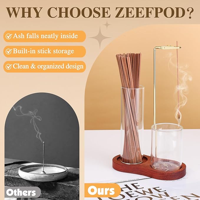 2 in 1 Incense Holder for Sticks with Glass Ash Catcher, Upside Down Anti-Ash Incense Stick Burner, Modern Vertical Incense Holder for Yoga, Spa, Meditation and Home Decor Reddish Brown