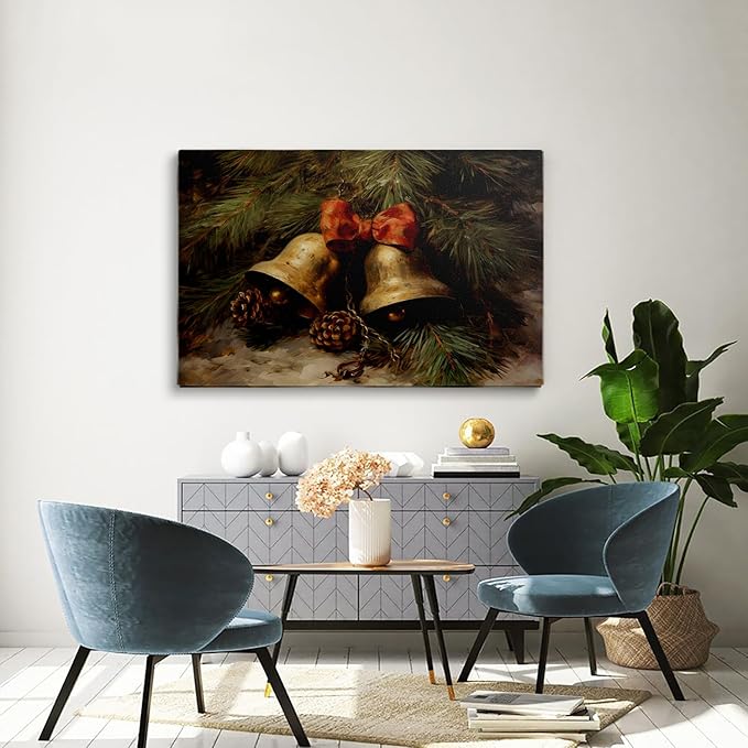 Gold Bell Print Christmas Wall Art - Rustic Jingle Bells Vintage Oil Painting - Winter Holiday Home Fireplace Decor - 24x36 Inch Framed
