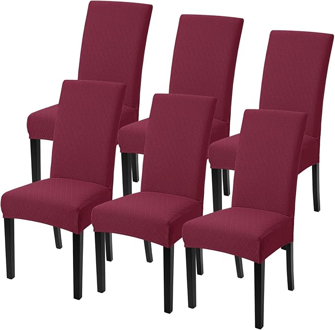 SearchI Dining Room Chair Covers Set of 6, Stretch Jacquard Parsons Chair Slipcovers Removable Washable Kitchen Chair Protector Cover for Dining Room, Hotel, Ceremony (Wine Red Rhombus)