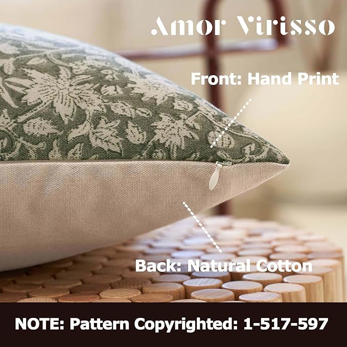 Amor Virisso Throw Pillow Covers 20x20 Floral Pillow Covers Block Print Farmhouse Neutral Pillow Covers Decorative Accent Throw Pillows for Couch Bed Living Room Sofa Pillows 1PC, Dusty Green