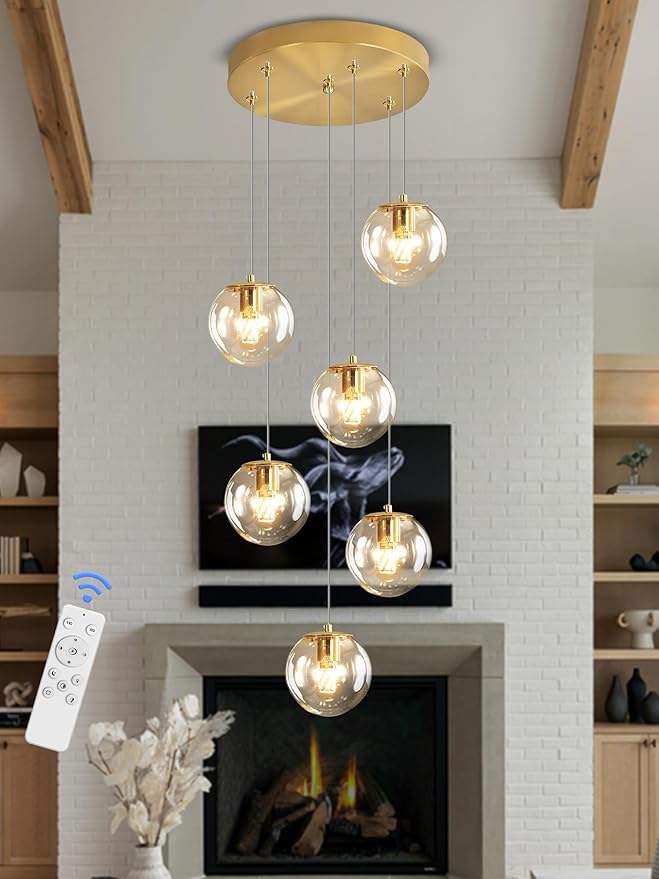 6-Light LED Staircase Modern Glass Globe Pendant Light Gold Chandeliers Large Chandeliers for High Ceilings, Entryway Lighting Fixture Villas and Stairs