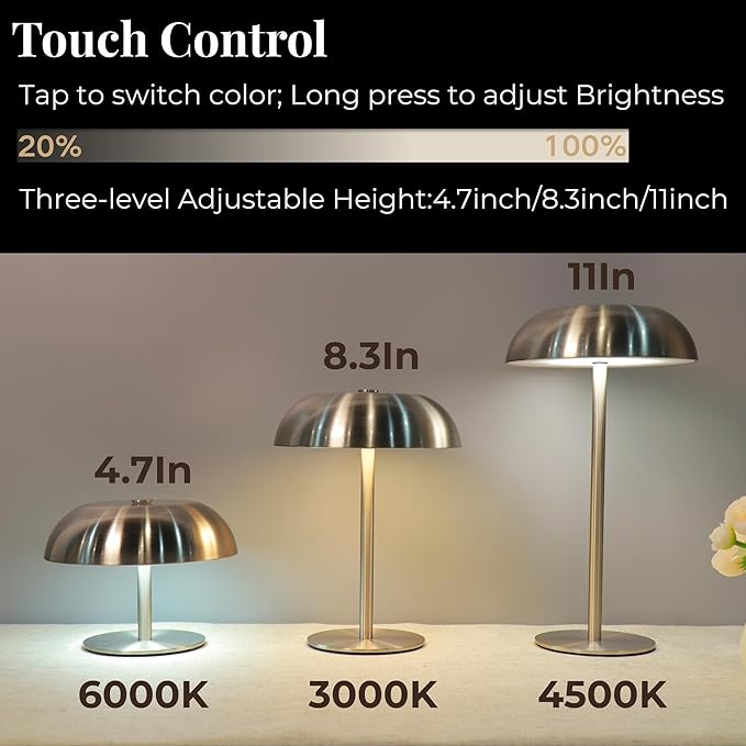 Portable Mushroom Table Lamp with 5200mAh Battery - Cordless LED Night Light with Stepless Dimming, 3 Color Modes & Adjustable Height for Bedroom, Patio, Bar Decor and Coffee Shop Ambiance（Gold-tall）