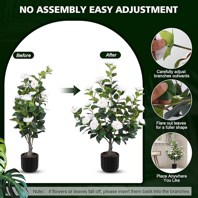 Hananona 2 Pcs Artificial Camellia Trees Faux Camellia Plant in Pot with Flowers Indoor Plants for Spring Home Decor Outdoor Porch Front Door Decor (White, M)