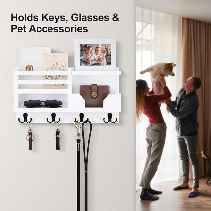 Mail and Key Holder for Wall – Decorative 15.9” x 8.7” x 3.2” Entryway Organizer with Shelf – Paulownia Wood with 4 Dual Hooks Includes Mounting Hardware and Installation Guide