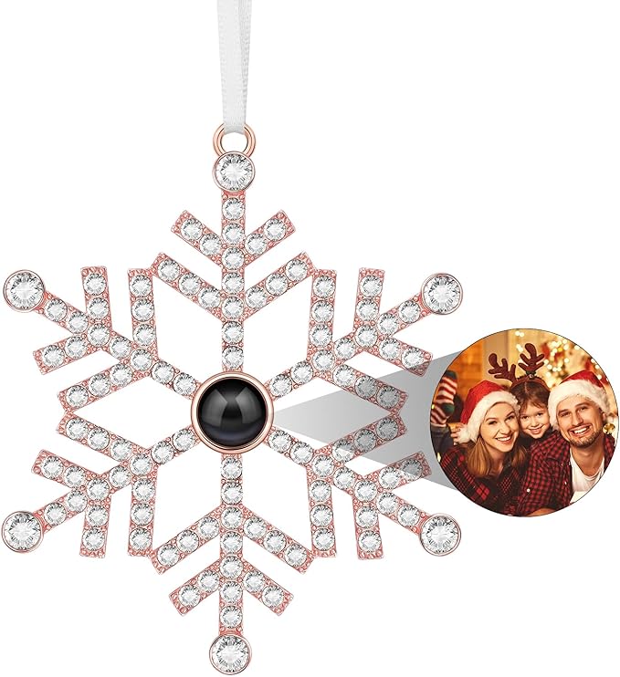 SUPHELPU Custom Snowflake Ornament with Picture Inside, Photo Ornaments for Christmas Tree, Personalized Christmas Projection Ornament, Customized Memorial Pendant for Xmas Family