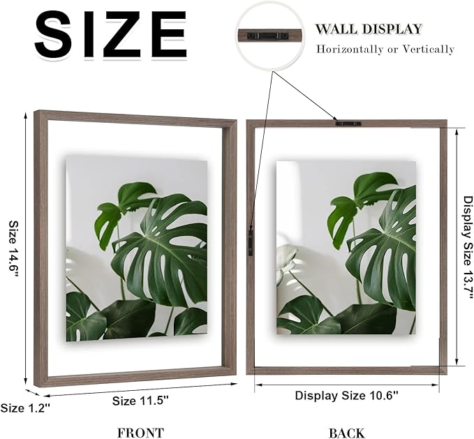 Egofine 11x14 Floating Frames Set of 2, Double Plexiglass Picture Frame, Made of Solid Wood Display Any Size Photo up to 11x14, Wall Mount or Tabletop Standing, Brown