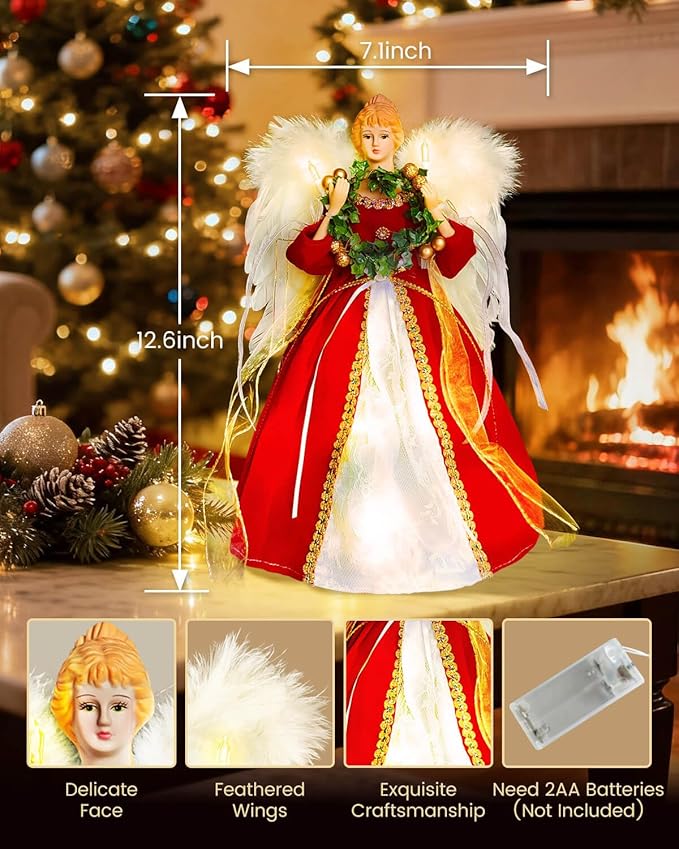 Angel Tree Topper with Lights | 12 Inch Christmas Angel Tree Topper with Feather Wings | Battery Powered Christmas Tree Toppers Lighted for Vintage Decor | Xmas Tree Topper Ornament, Red