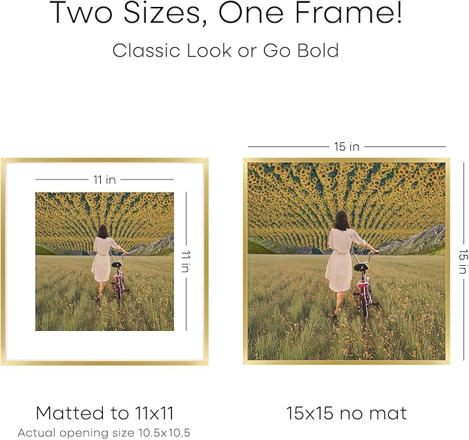 Homeforia 15x15 Picture Frame Gold, High End Metal 15 x 15 Square Poster Frame with Mat 11 x 11 Photo, 15x15 Frame Matted to 11x11 Print, 15by15 Gold Hanging Frames, Tempered Glass, Wall Kit, Set of 2