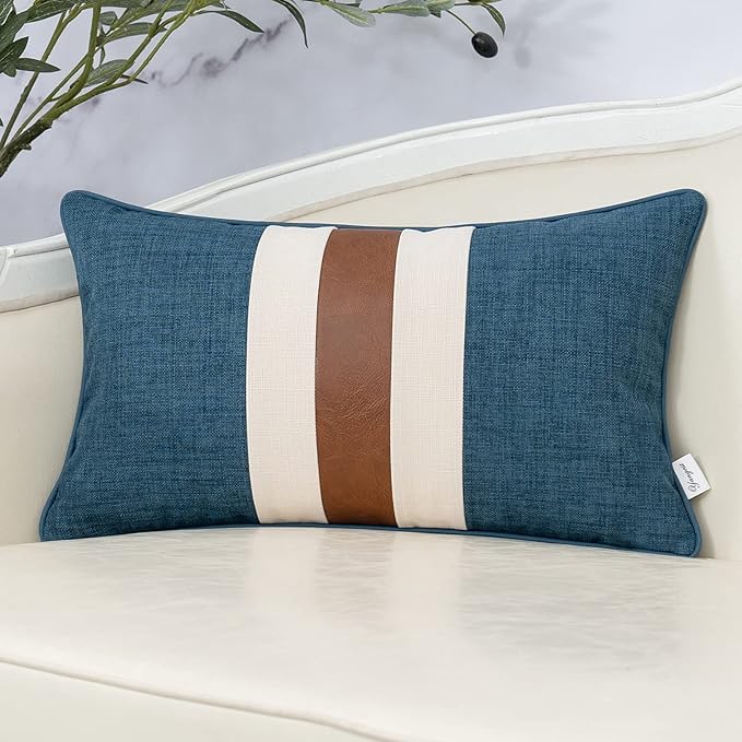 Yangest Patchwork Pillow Cover 12x20 Inch Luxury Cotton and Linen Cushion Cover Faux Leather Pillowcover for Couch Bedroom Living Room, Blue