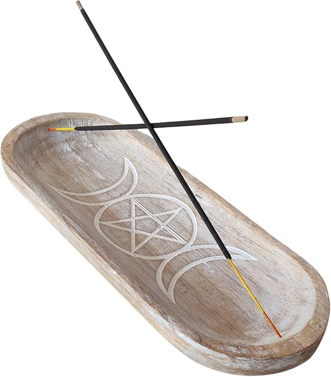 VANIYA CRAFTS® Wooden Handmade Star & Moon Design Boat Shape Incense Holder Stand Insence Tray for Sticks Home Decor Restaurant (11X4,Antique White)