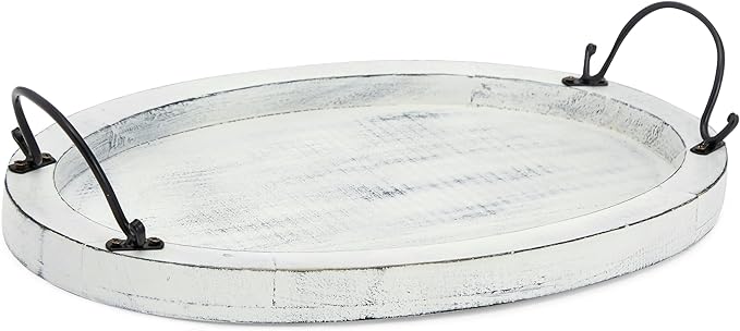 Farmlyn Creek Wooden Tray - 16 x 11 x 2 in, Rustic White Oval - Serving Platter with Handles for Coffee Table Decor & Bed Tray Use - Table Centerpiece for Farmhouse Decor