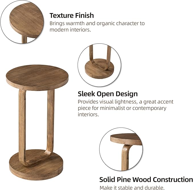 COZAYH Farmhouse Round End Table, Minimalist Small Drink Table, Rustic Plant Stand for Living Room or Bedroom, Boho, Natural Wood Color