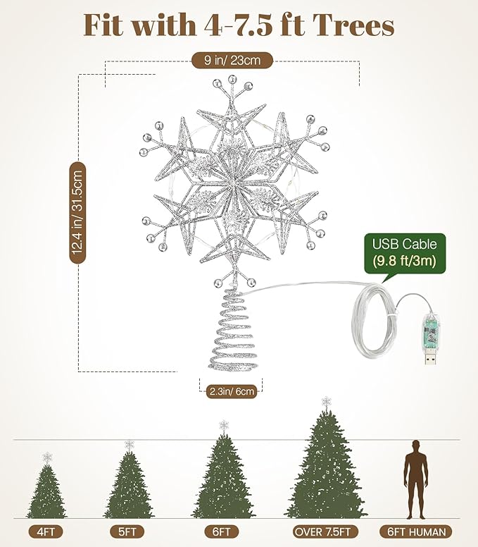 Luxspire Christmas Tree Topper, 9.5" Snowflake Metal Christmas Decorations Lights, Lighted Tree Topper with USB Plug in & Remote Control, Light Up Xmas Trees Vintage Modern Ornaments for Home Party