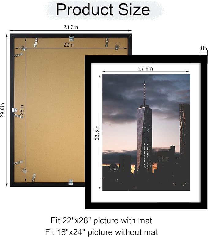 22x28 Picture Frame Set of 2, 22 x 28 Wood Poster Frames with Mat for 18x24, Wooden Photo Frames with Tempered Glass Cover for Wall Display,Black