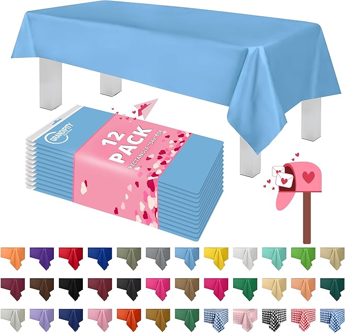 Grandipity 12 Pack Premium Disposable Plastic Tablecloth 54 Inch. x 108 Inch. Decorative Rectangle Table Cover - Sky Blue