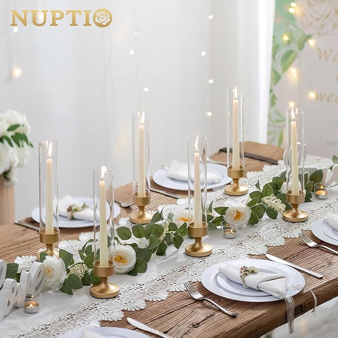 NUPTIO Hurricane Candle Holder for Centerpiece: Set of 2 Metal Taper Candle Holders with Glass Cylinders - Gold Candlestick Holders for Birthday Valentine Dinner Table Decor