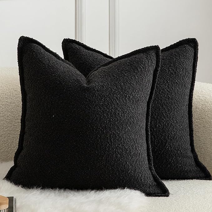 MANDIOO Pack of 2 Decorative Throw Pillow Covers Accent Solid Woven Textured Cushion Covers Pillow Cases Bedroom Living Room Sofa Home 16 x 16 lnch Black