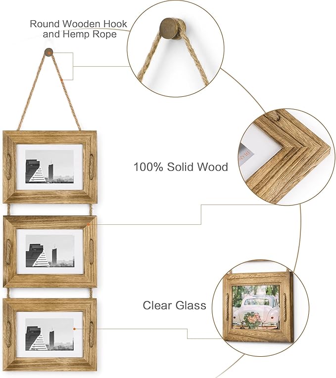 DLQuarts 5x7 Hanging Picture Frames Collage Wall Decor, 3-Opening Photo Frames 5x7 without Mat & 3.5x5 with Mat, Rustic Wood, Carbonized Black