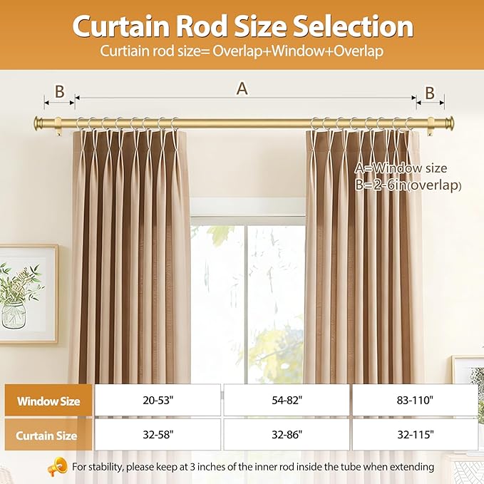 TONIAL Curtain Rod 32 to 86 Inch, Telescoping Splicing 3/4 Drapery Rods for Windows Decorative Single Rod with Small Cap End, Antique Gold