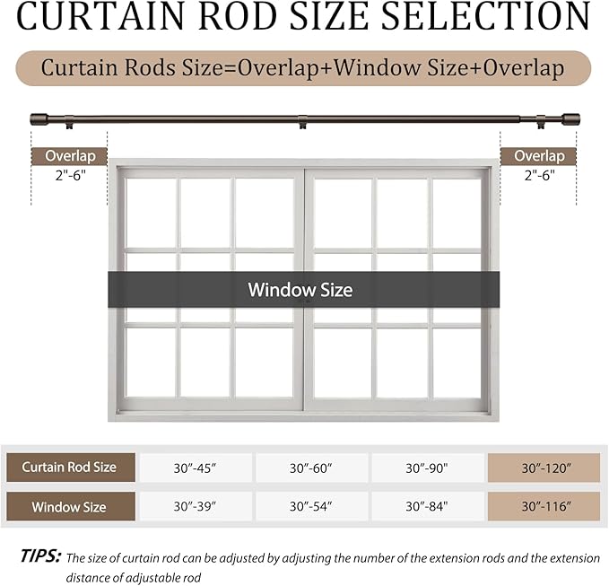 1” Diameter Bronze Curtain Rods for Windows, 1 Pack 30-120 Inch Heavy Duty Window Rods, Long Adjustable Curtain Rod, Fits Most Standard Windows, Suitable for Bedroom, Living Room, Farmhouse