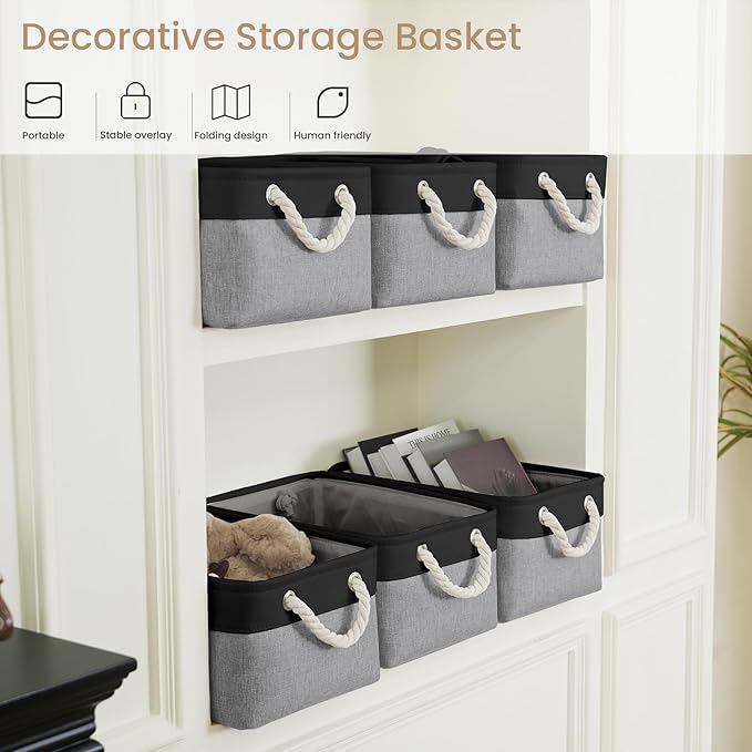 Storage Baskets for Shelves 13.8x9.8x6.7 Inch, Foldable Fabric Storage Bins with Handles, Small Storage Baskets for Organizing Closet, Office, Home Organization (3-Pack, Black&Gray)