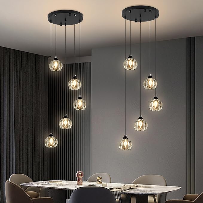 Crystal Chandeliers for Dining Room Lights Fixture Over Table, 5-Light Black Modern Pendant Light Fixture，Crystal Chandeliers for Living Room Kitchen Island Staircases Foyer Hallway Bar